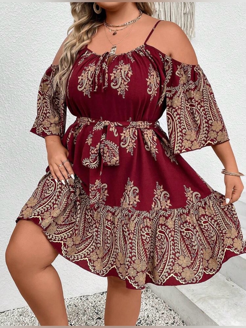 SHEIN Burgundy Cold-Shoulder Dress with Gold Paisley Print